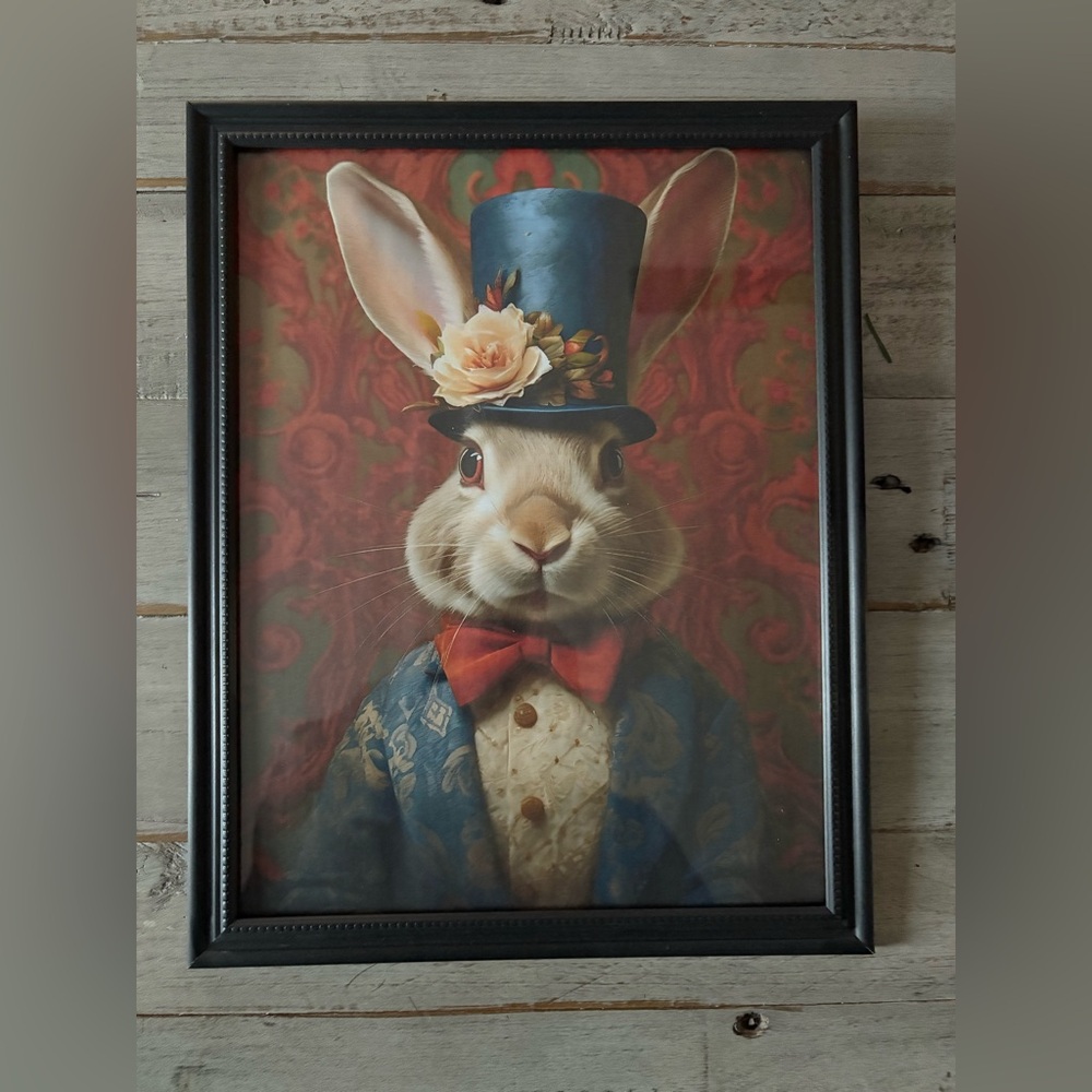Victorian Rabbit Portrait Art Print: Dapper Bunny with Bowtie framed 8x10
